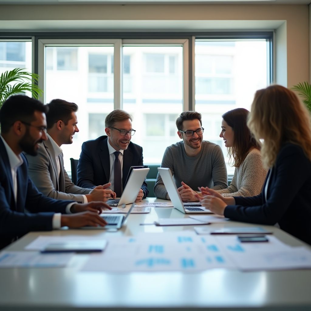 Equipo discutiendo estrategias financieras en una oficina moderna.
